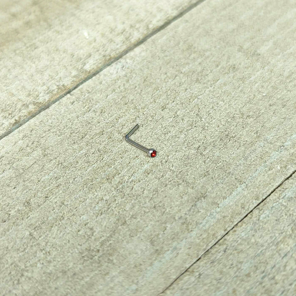 BodyCandy 20G Stainless Steel Ruby Red Gem Micro Nose Ring L-Shaped — in-use photo