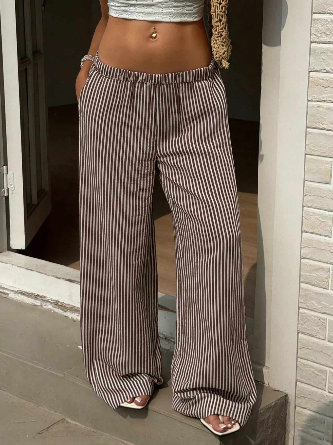 Tied Striped Wide Leg Pants