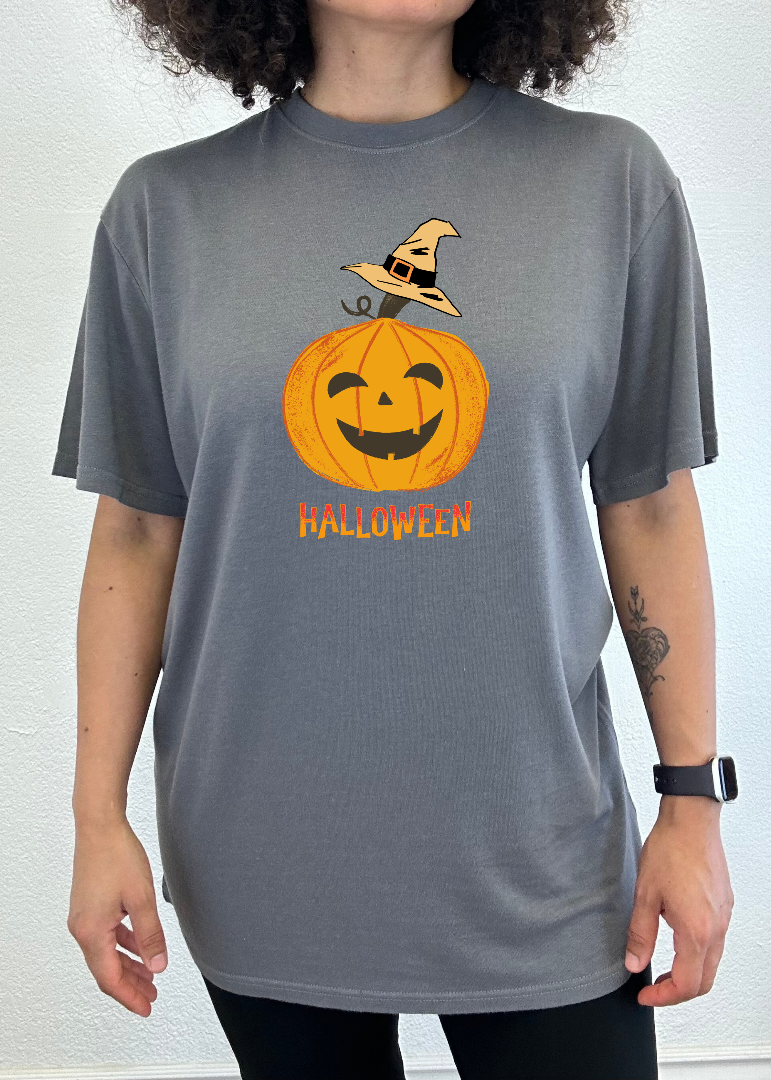 Spun Bamboo Halloween Pumpkin Unisex Bamboo Viscose/Organic Cotton Short Sleeve Graphic T-Shirt — lifestyle context