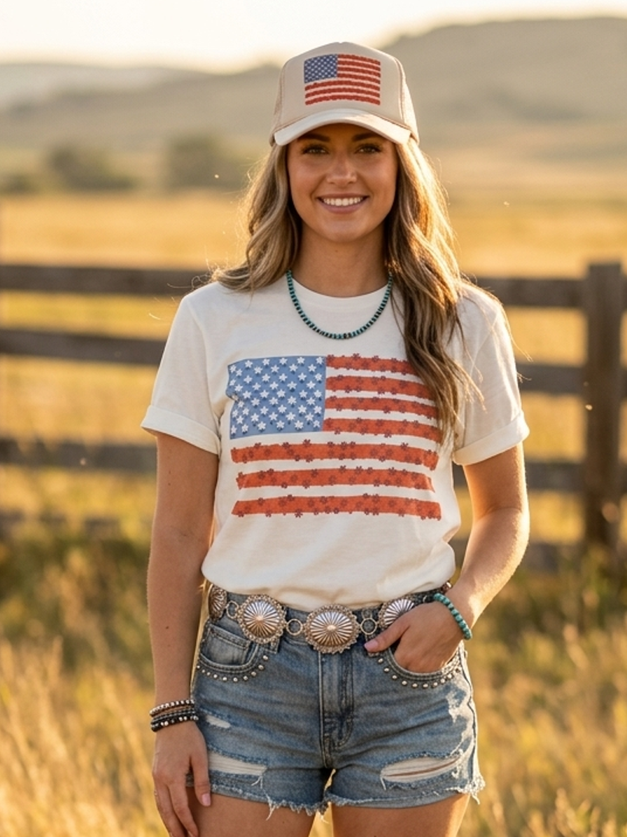 Wild Junkie Floral American Flag Graphic Tee — graphic tees category context