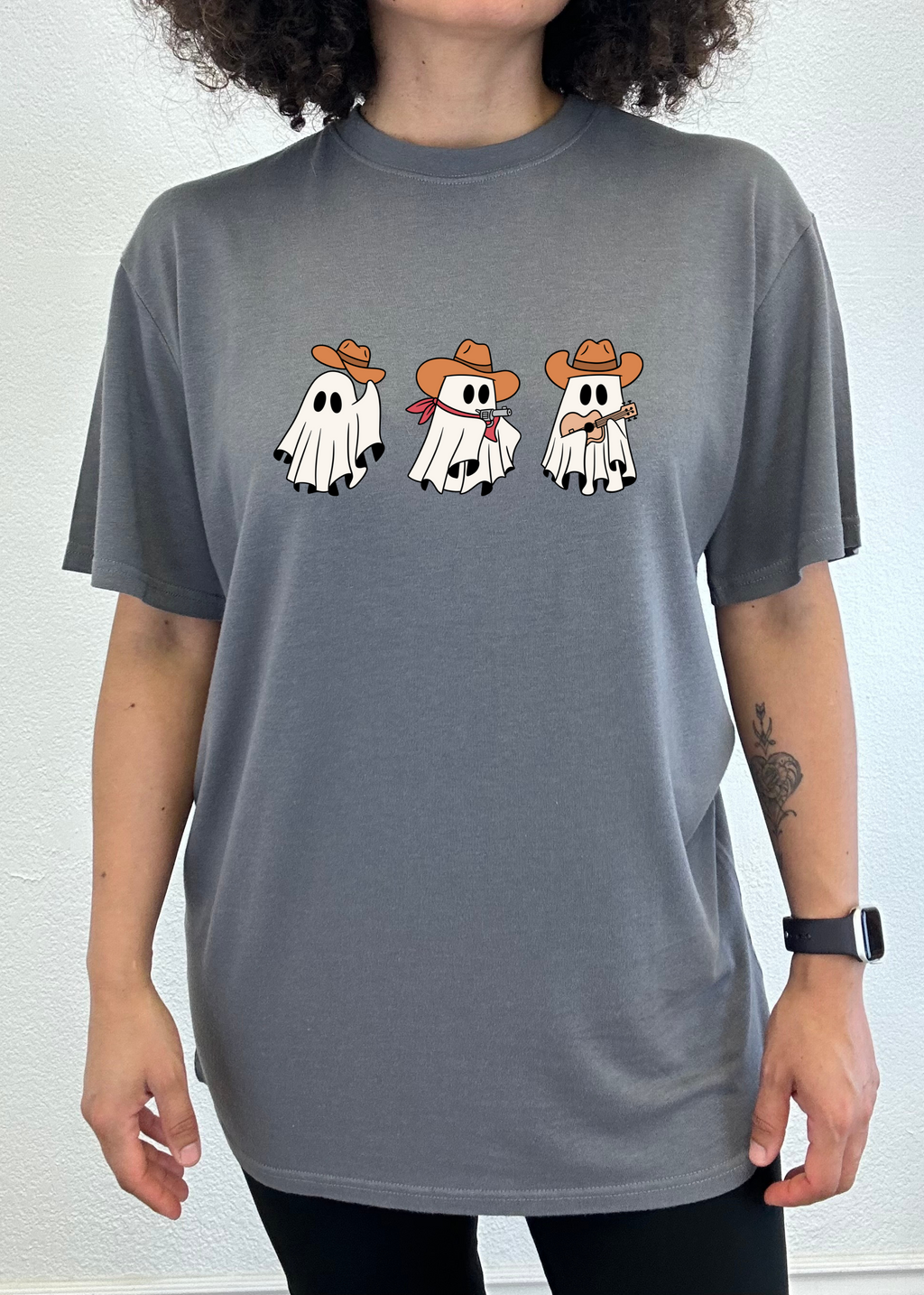 Spun Bamboo Cowboy Ghosts Unisex Bamboo Viscose/Organic Cotton Short Sleeve Graphic T-Shirt — in-use photo