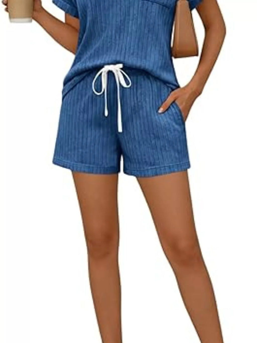 Casual Ribbed Knit Tee and Shorts Set