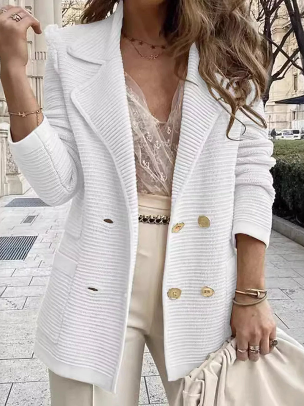 Texture Knit Double-Breasted Blazer