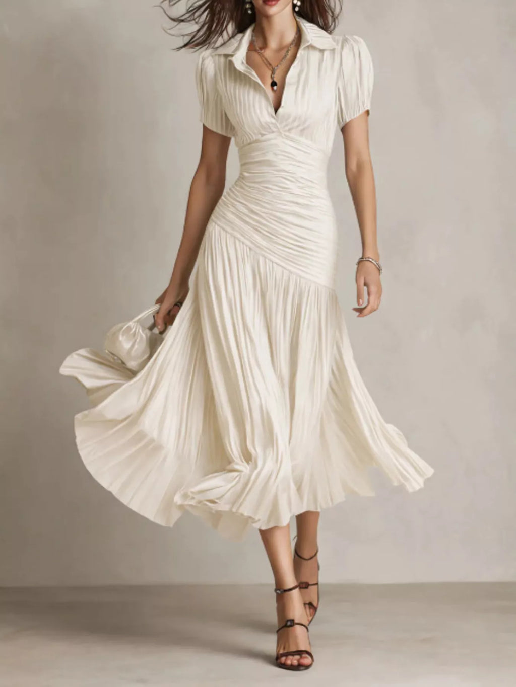 Ruched Pleated Short Sleeve Midi Dress