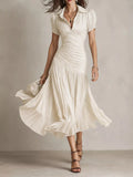 Ruched Pleated Short Sleeve Midi Dress