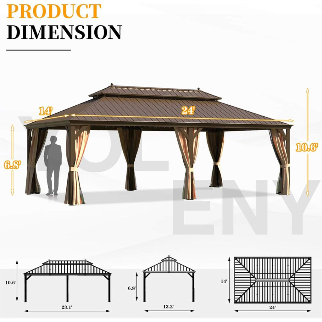 [14X24FT] Alora Heavy-Duty Aluminum Galvanized Steel Double Roof Hardtop Gazebo With Netting And Curtains (SAK41853) – SAKSBY