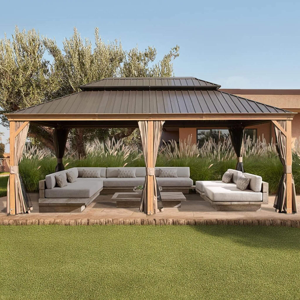 [14X24FT] Alora Heavy-Duty Aluminum Galvanized Steel Double Roof Hardtop Gazebo With Netting And Curtains (SAK41853) – SAKSBY