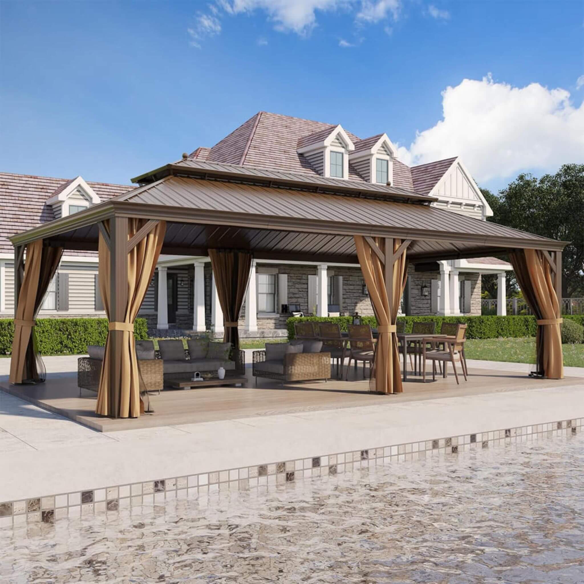 [14X24FT] Alora Heavy-Duty Aluminum Galvanized Steel Double Roof Hardtop Gazebo With Netting And Curtains (SAK41853) – SAKSBY