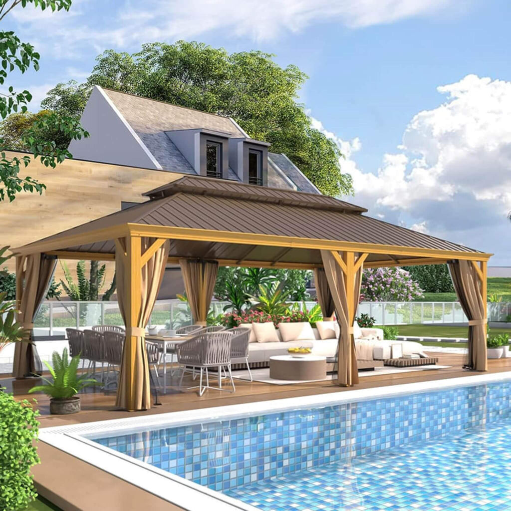 [14X24FT] Alora Heavy-Duty Aluminum Galvanized Steel Double Roof Hardtop Gazebo With Netting And Curtains (SAK41853) – SAKSBY