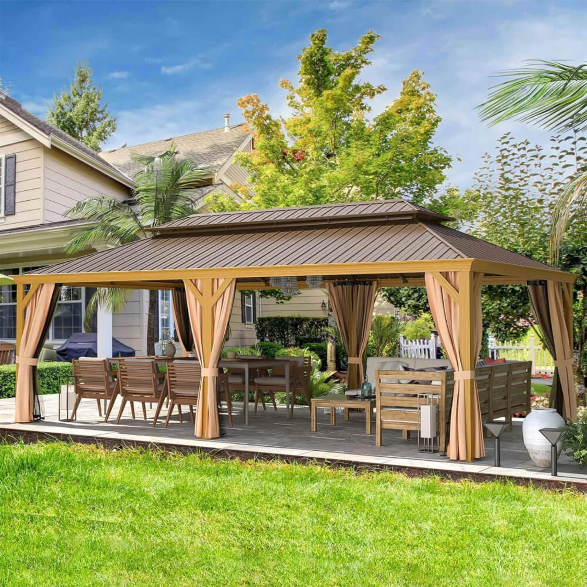 [14X24FT] Alora Heavy-Duty Aluminum Galvanized Steel Double Roof Hardtop Gazebo With Netting And Curtains (SAK41853) – SAKSBY