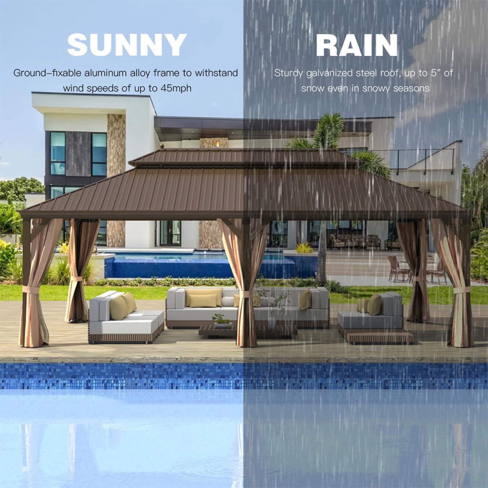 [14X24FT] Alora Heavy-Duty Aluminum Galvanized Steel Double Roof Hardtop Gazebo With Netting And Curtains (SAK41853) – SAKSBY