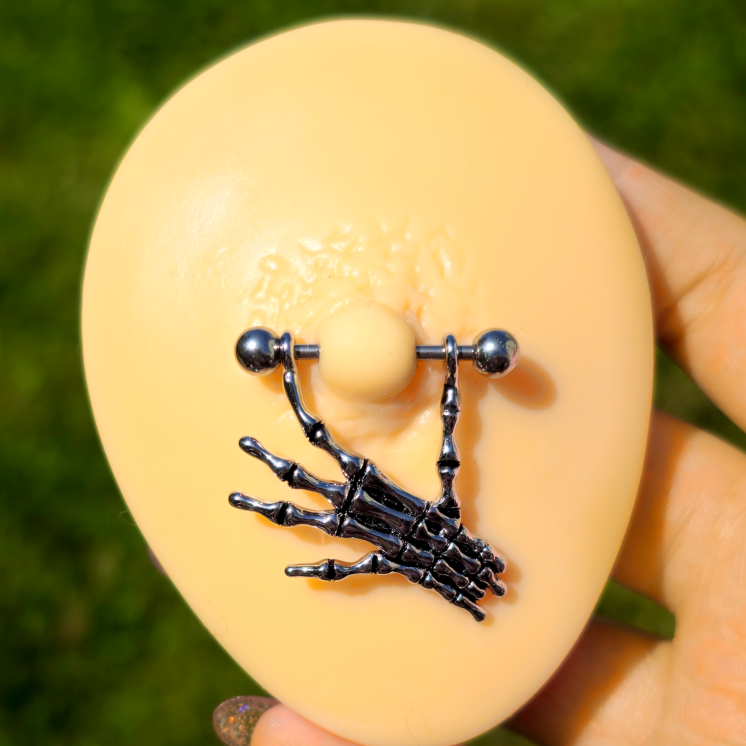 BodyCandy 14G 3/4 Skeleton Hand Dangle Nipple Shield Set — lifestyle context
