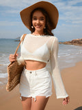 Spring Summer Hollow Out Cutout Long Sleeve Pullover Sweater Women Short Sleeve Solid Color Women Knitwear