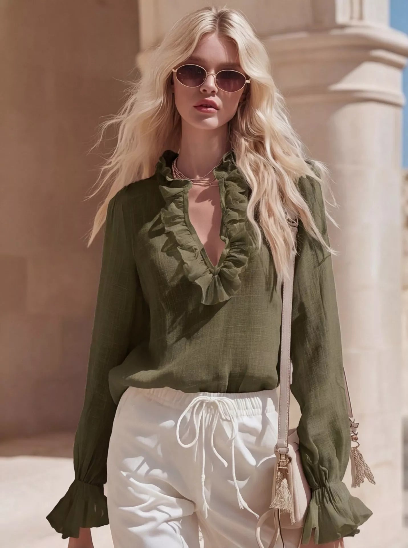 Ruffled V-Neck Long Sleeve Blouse
