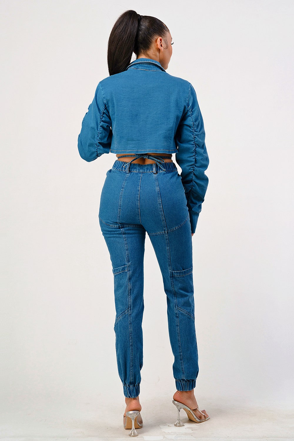 Ruched Sleeve Cropped Denim Jacket
