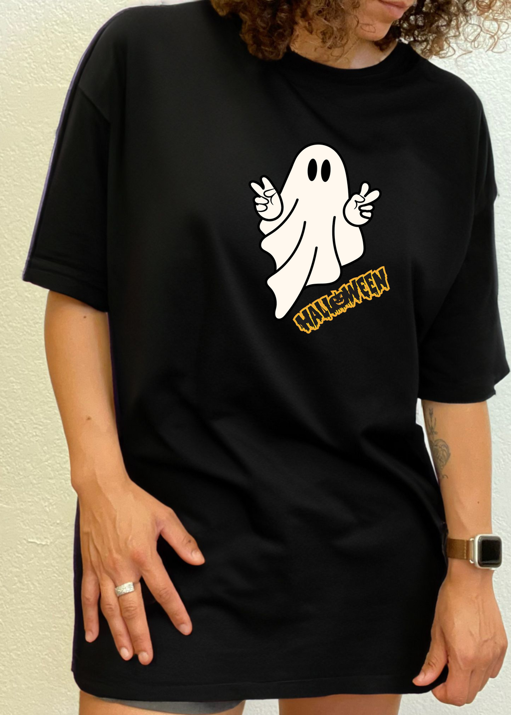 Spun Bamboo Halloween Ghost Unisex Bamboo Viscose/Organic Cotton Short Sleeve Graphic T-Shirt — in-use photo