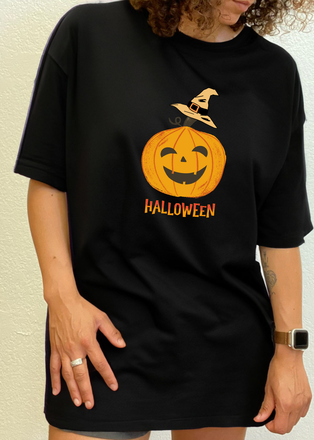Spun Bamboo Halloween Pumpkin Unisex Bamboo Viscose/Organic Cotton Short Sleeve Graphic T-Shirt — in-use photo