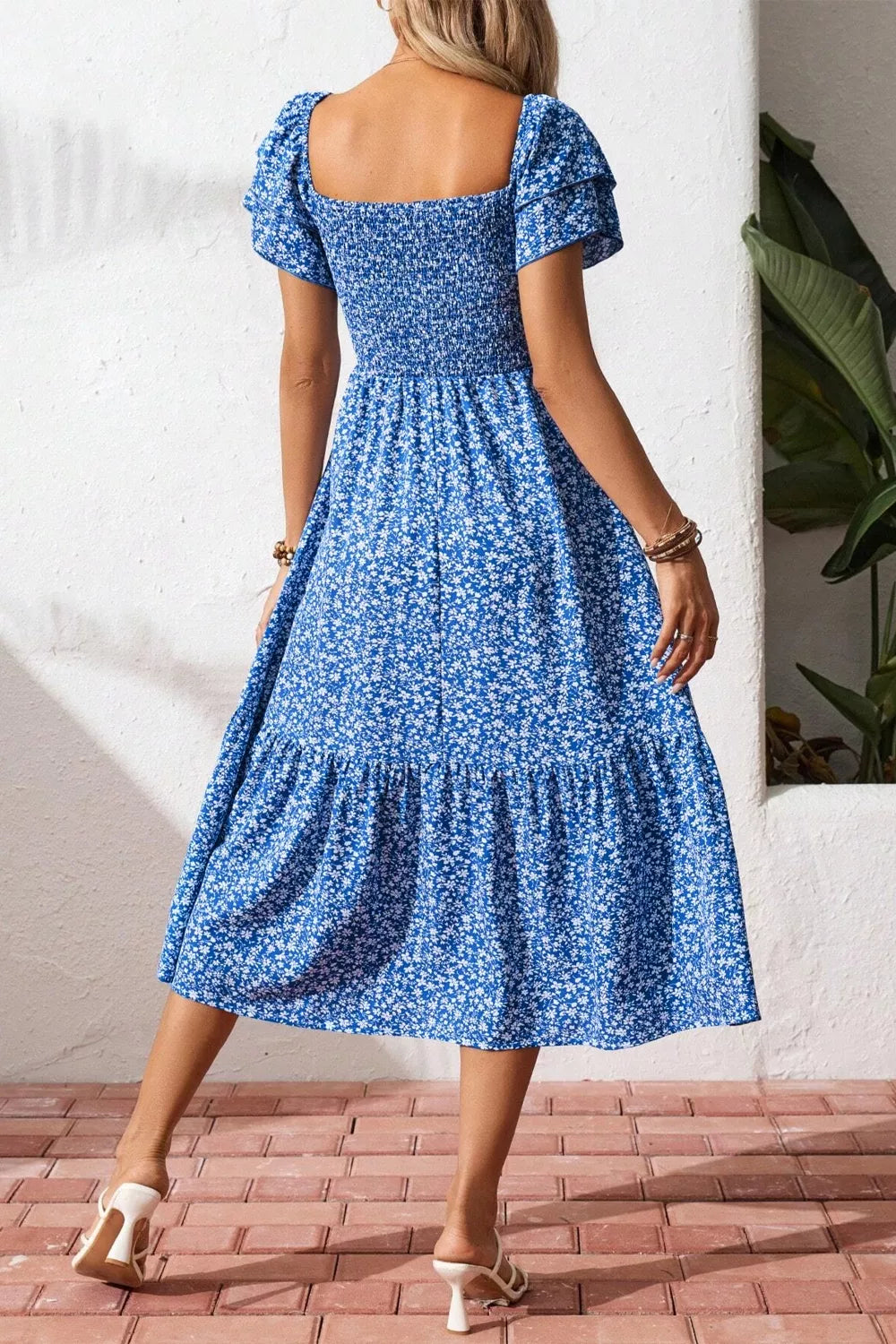 Ditsy Floral Print Smocked Square Neck Ruffle Short Sleeve Dress