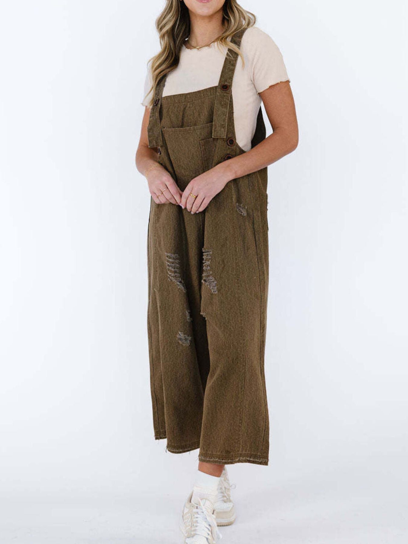 Distressed Wide Leg Denim Overalls