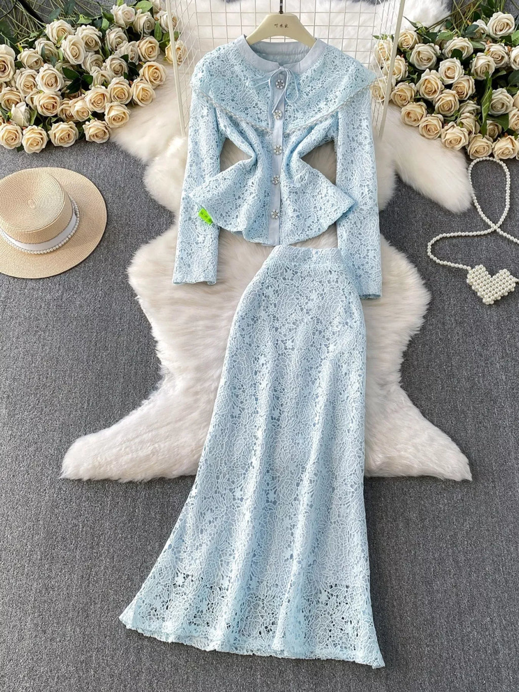 Lace Button Up Top and Skirt Set