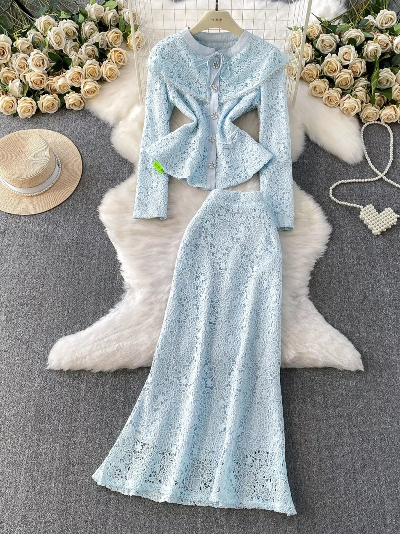 Lace Button Up Top and Skirt Set