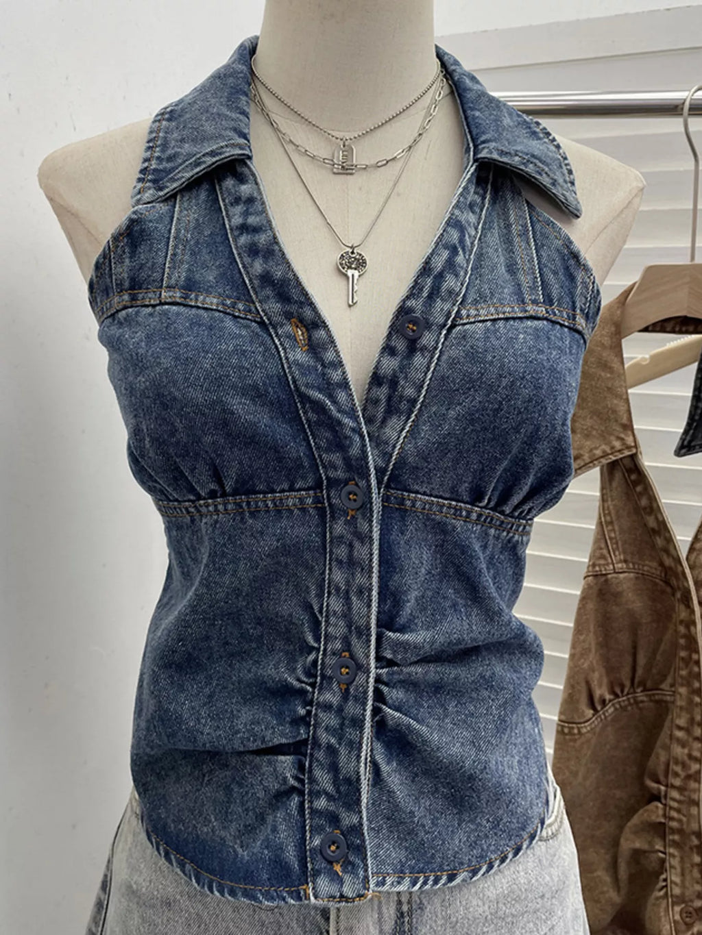 Smocked Denim Halter Collar Top