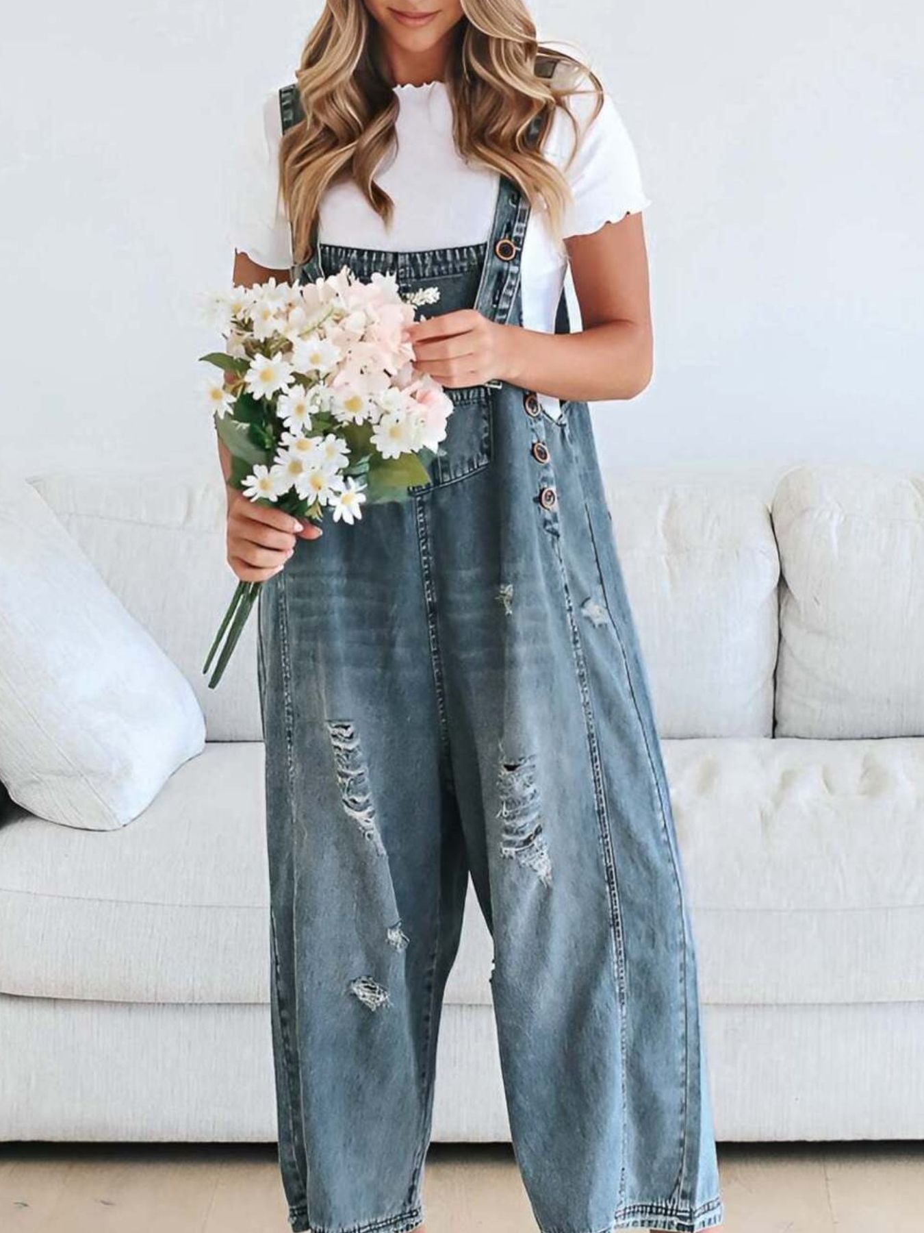Distressed Wide Leg Denim Overalls