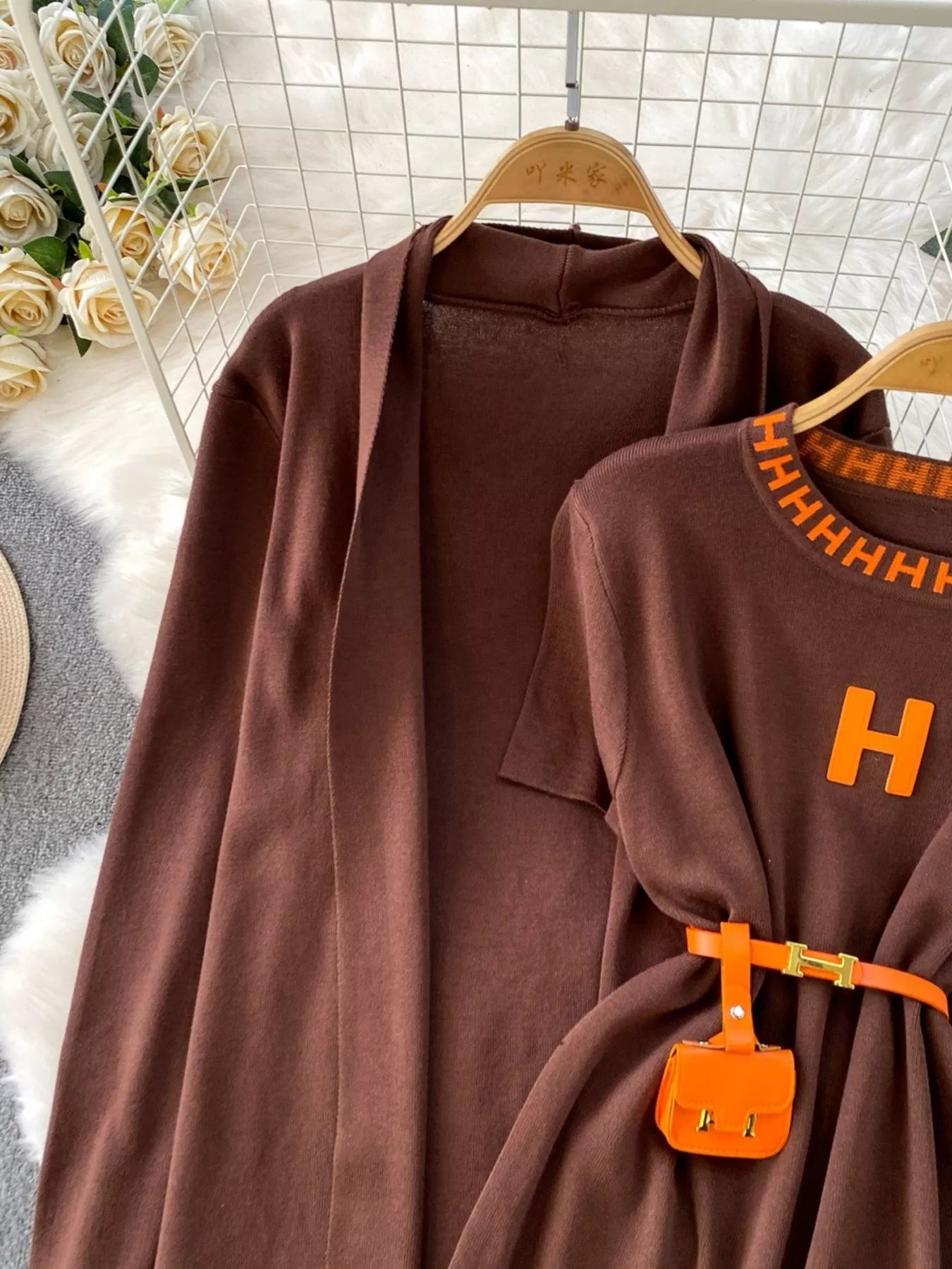 Round Neck Knitted Dress & Cardigan Set