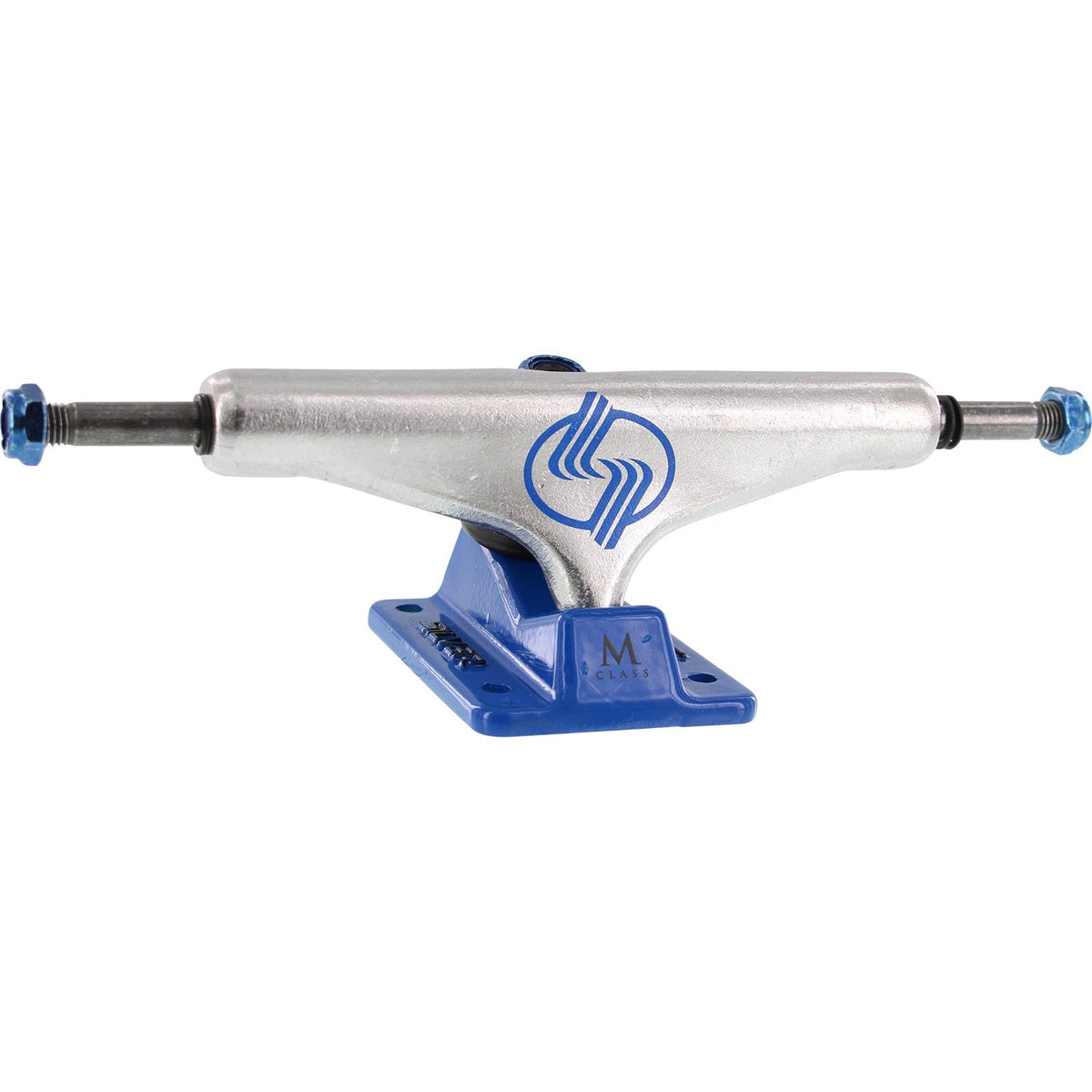 Silver M-Class Hollow Skateboard Trucks 8.5″ - Polished/Blue (Set of 2) by Skates USA
