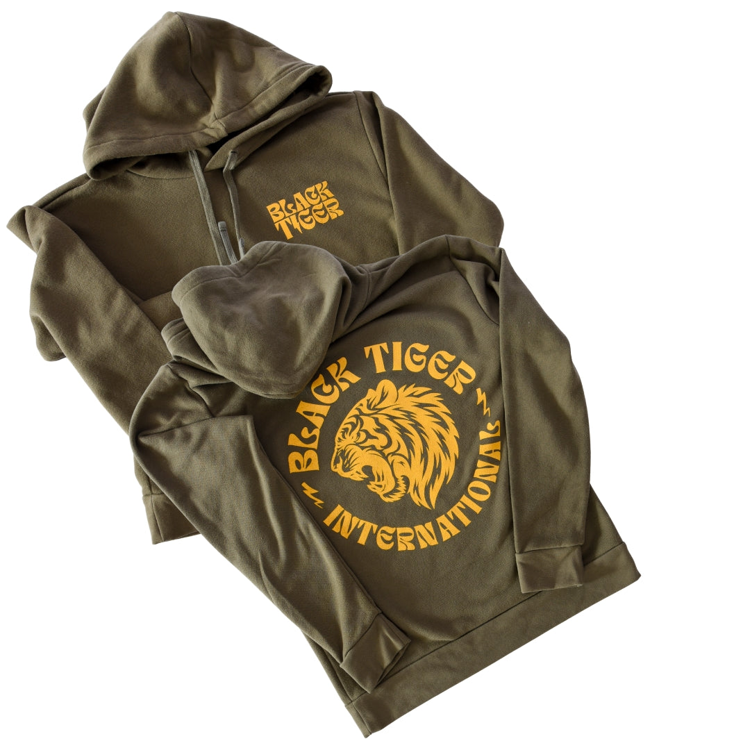 Black Tiger International Attack Tiger Logo Hoodie OG Green — detail and construction