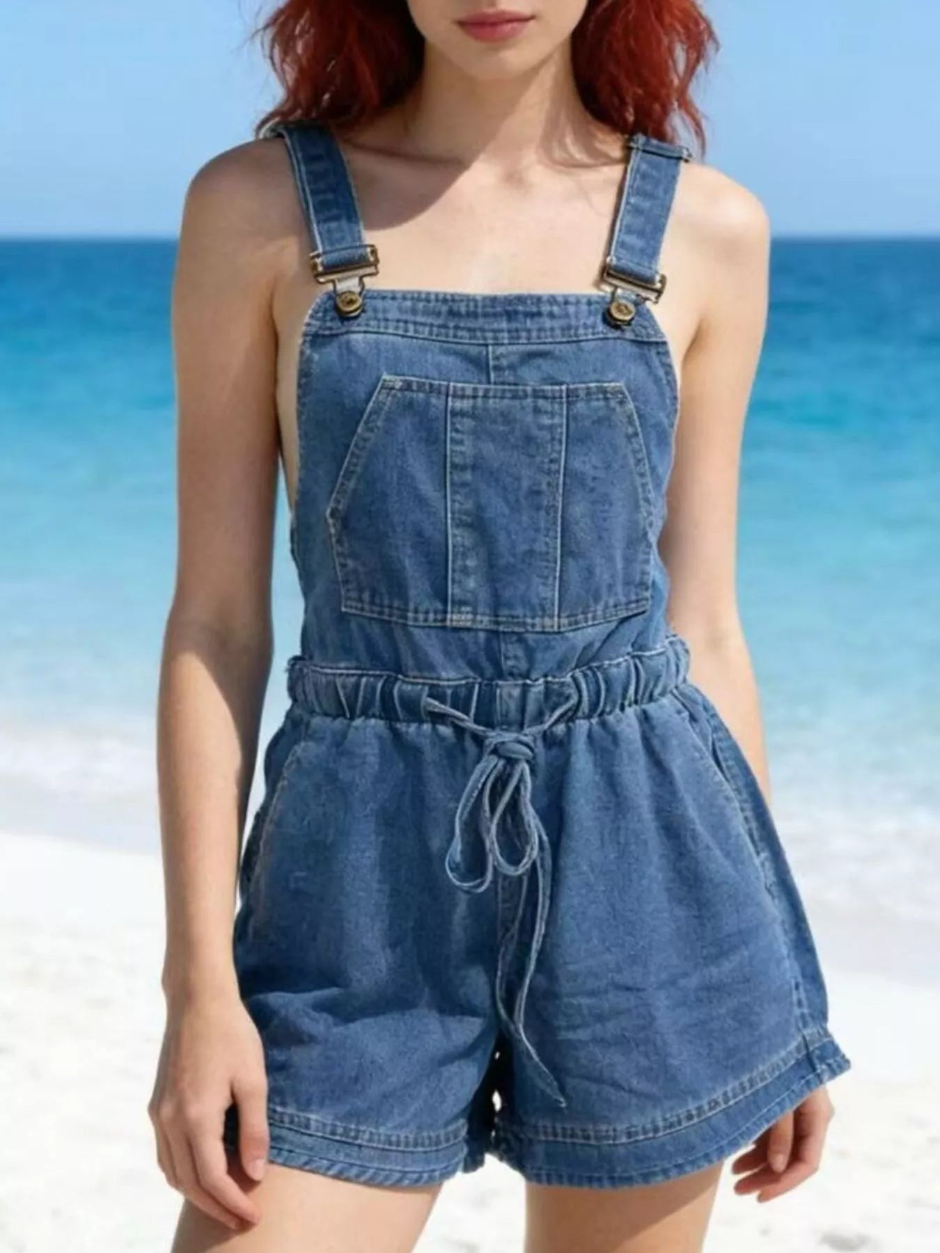 Casual Tie Back Denim Overall Shorts