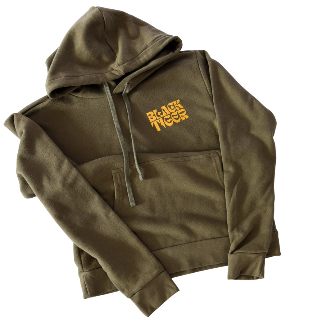 Black Tiger International Attack Tiger Logo Hoodie OG Green — branding close-up