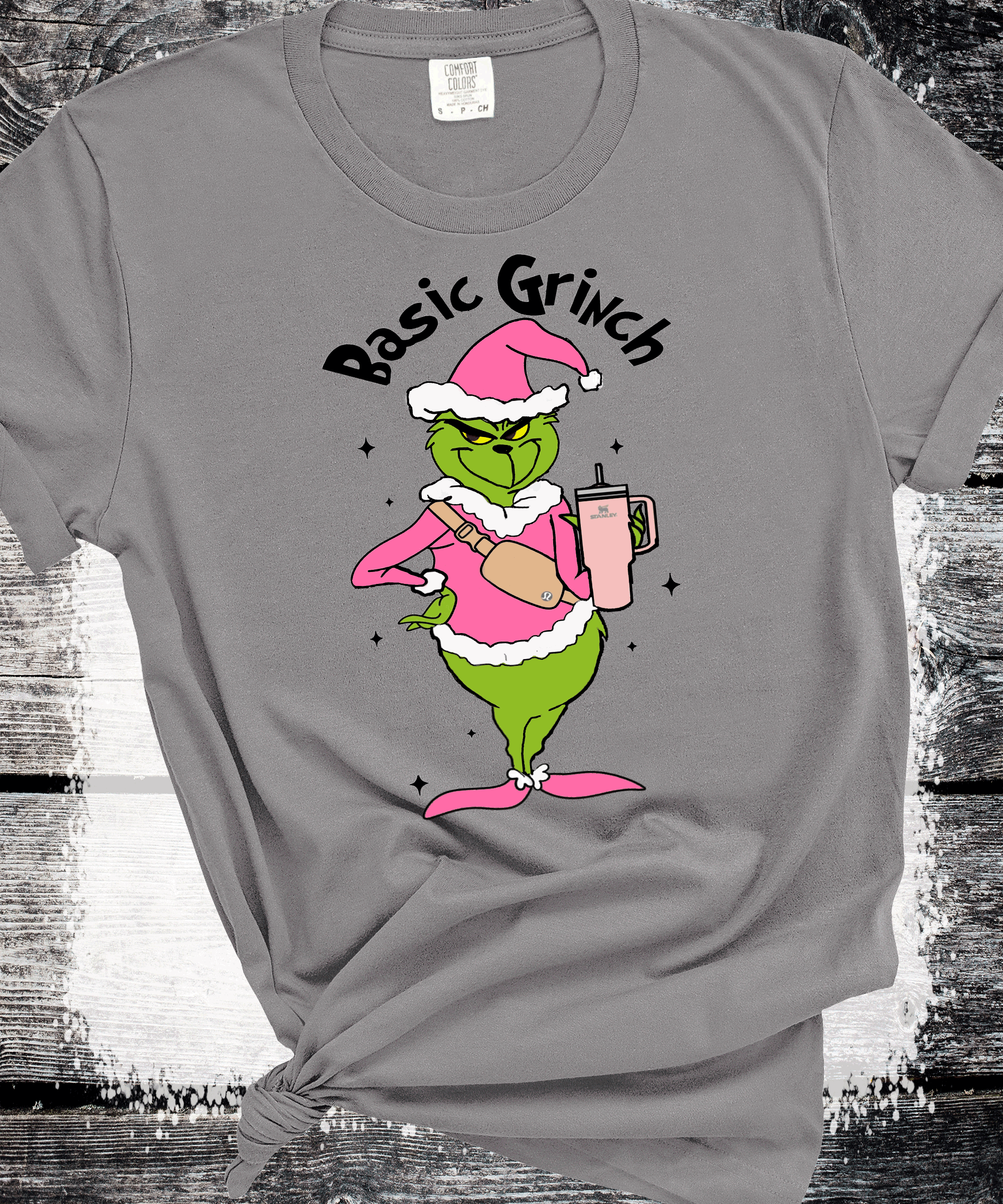 A Blessed Texas Mess Boutique Basic Grinch Fanny pack Stanley Cup Pink Grinch Funny Christmas Grinch Shirt — A Blessed Texas Mess Boutique branding close-up