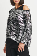 Cotton Metallic Crochet Boatneck Sweater - Black/Silver