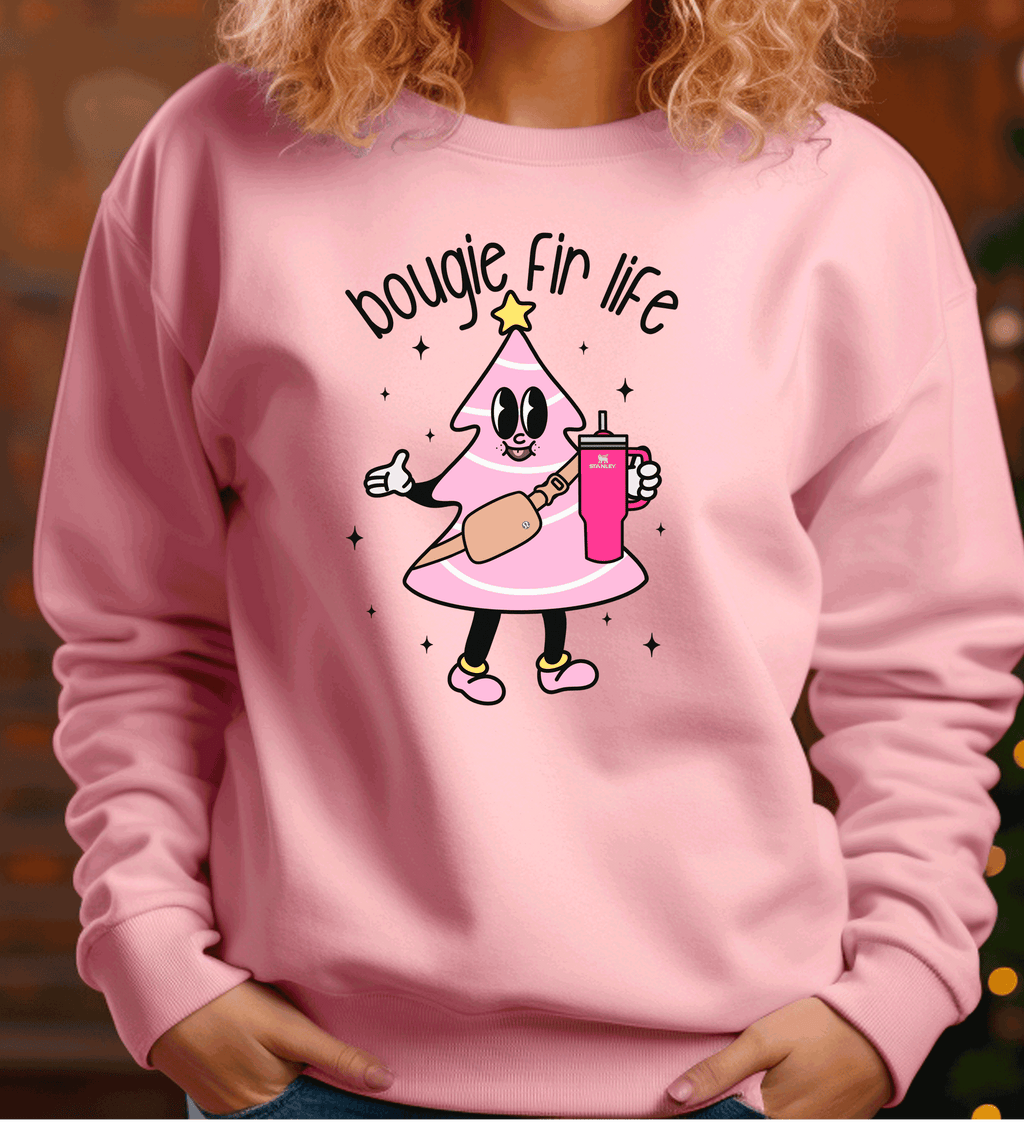 A Blessed Texas Mess Boutique Boujie Fir Life Pink Christmas Little Debbies Christmas Shirts Sweatshirts… — detail close-up