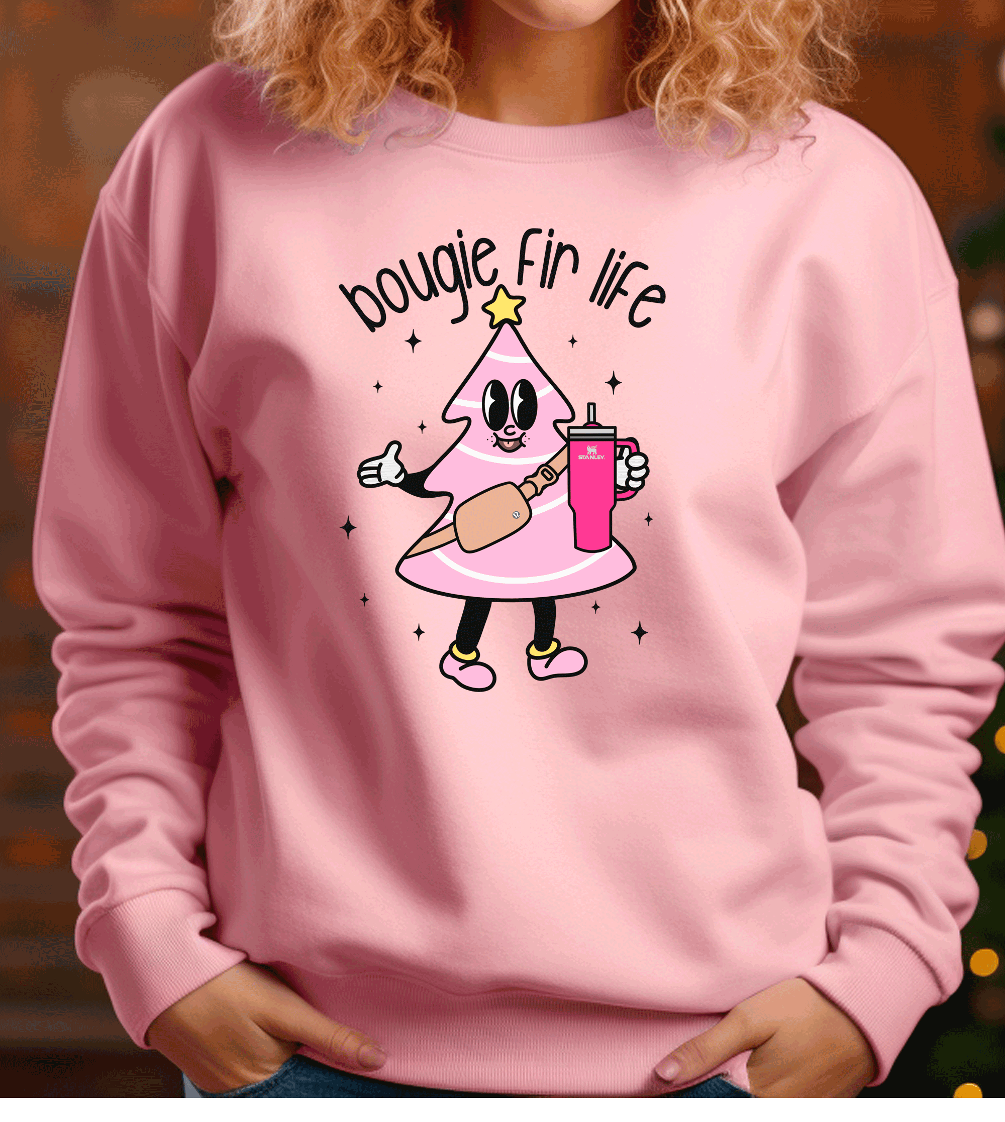 A Blessed Texas Mess Boutique Boujie Fir Life Pink Christmas Little Debbies Christmas Shirts Sweatshirts… — detail close-up