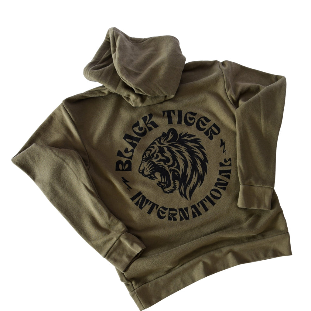 Black Tiger International Attack Tiger Logo Hoodie OG Green — scale reference