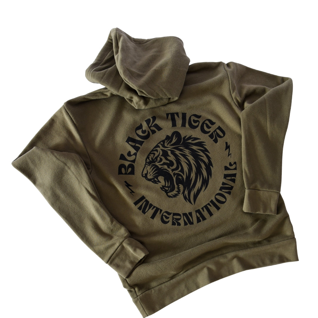 Black Tiger International Attack Tiger Logo Hoodie OG Green — scale reference