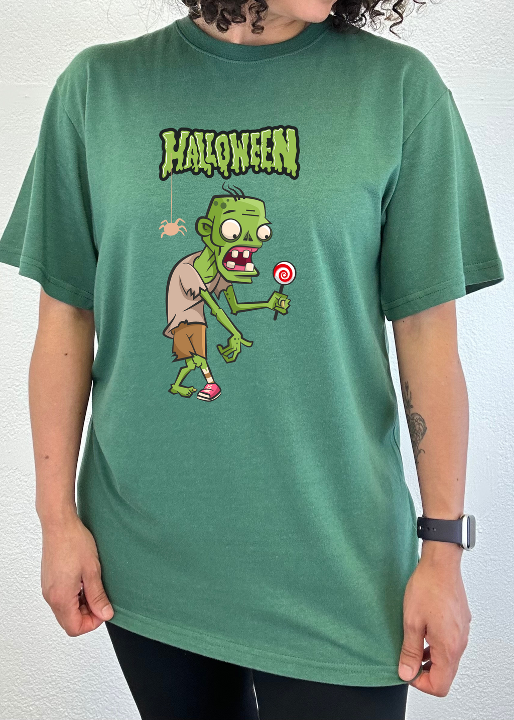 Spun Bamboo Halloween Green Monster Unisex Bamboo Viscose/Organic Cotton Short Sleeve Graphic T-Shirt — color detail