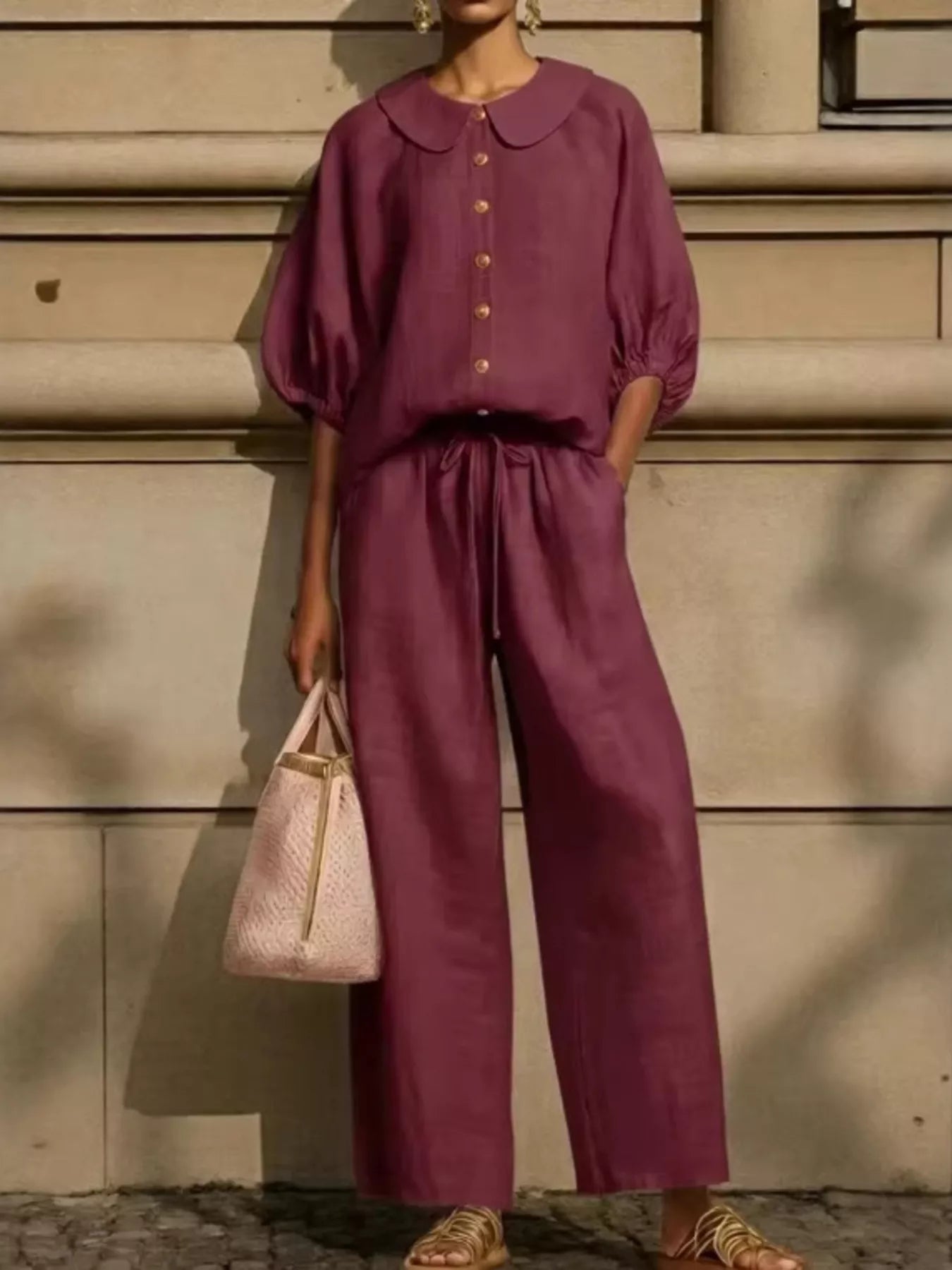 Full Size Button Down Half Sleeve Top and Pants Set Plus Size