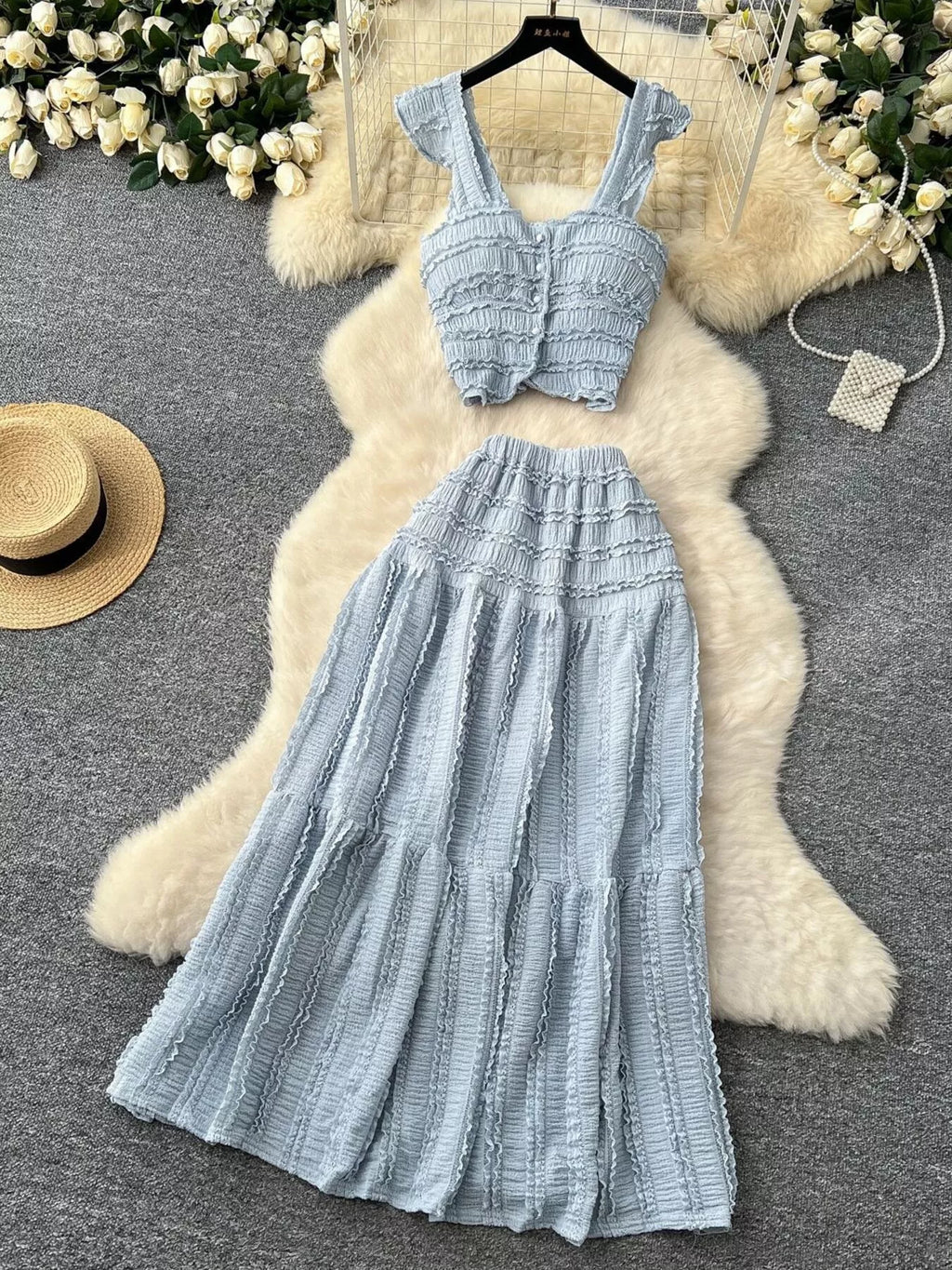 Textured Crop Top and Tiered Skirt Set