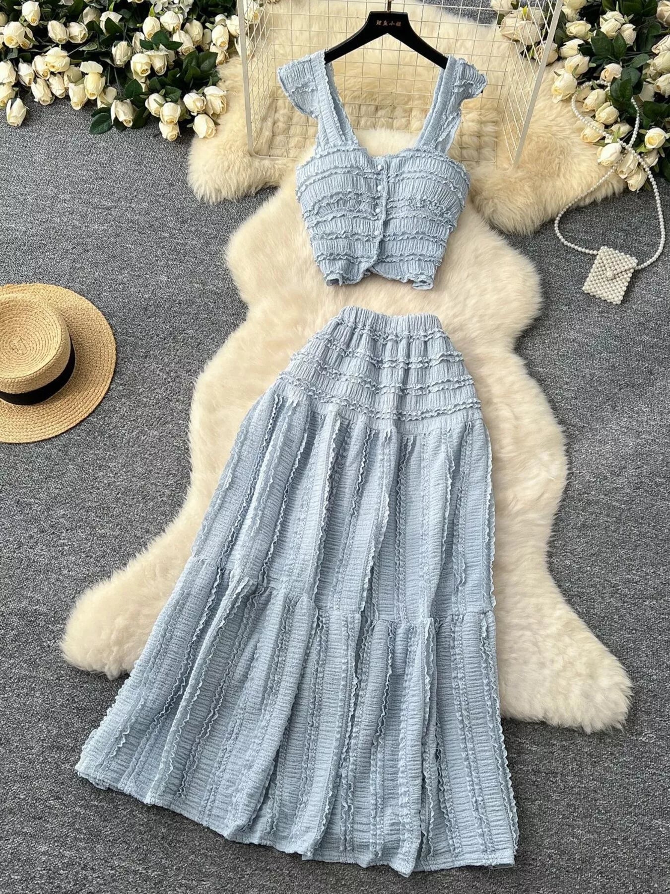 Textured Crop Top and Tiered Skirt Set