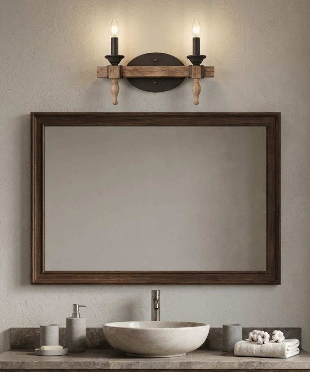 Glenwood 14"W 2-Light Aged Bronze and Distressed Oak Finish Bathroom Vanity Light Fixture – LampsUSA, view 4