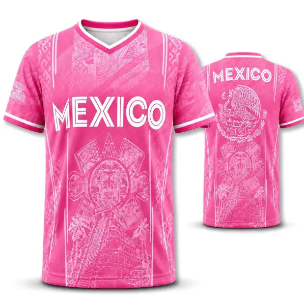 Men’s Light Pink Aztec Sun Stone V-Neck T-Shirt – Mexican Culture Graphic Tee, Pastel Heritage Sportswear