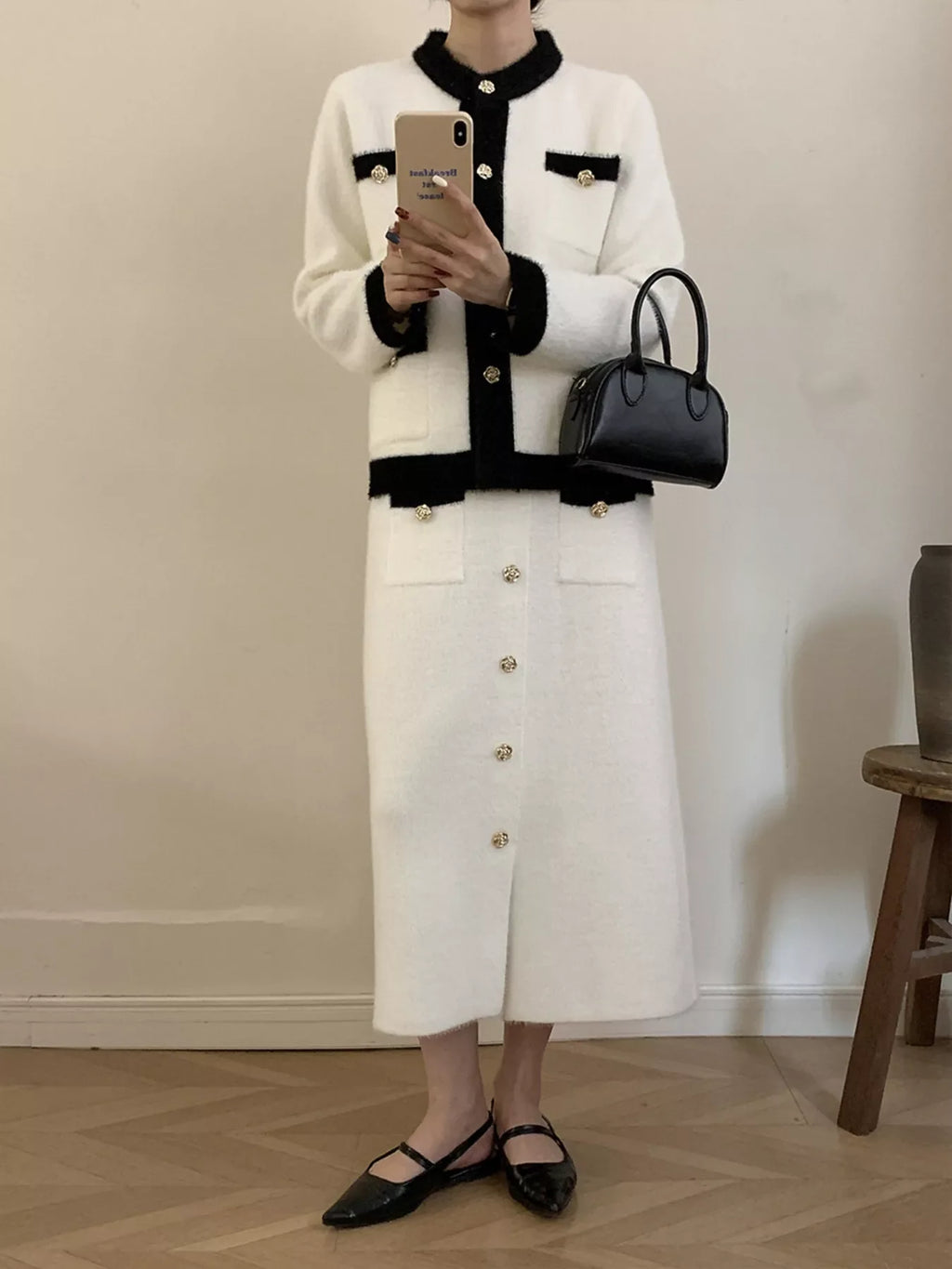 Contrast Trim Jacket and Skirts Sweater Set