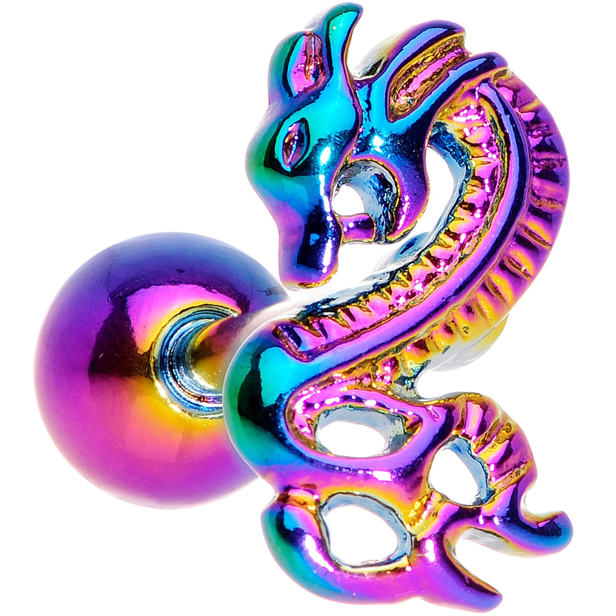 BodyCandy Rainbow Titanium Anodized 3-D Dragon  Barbell Tongue Ring — detail close-up