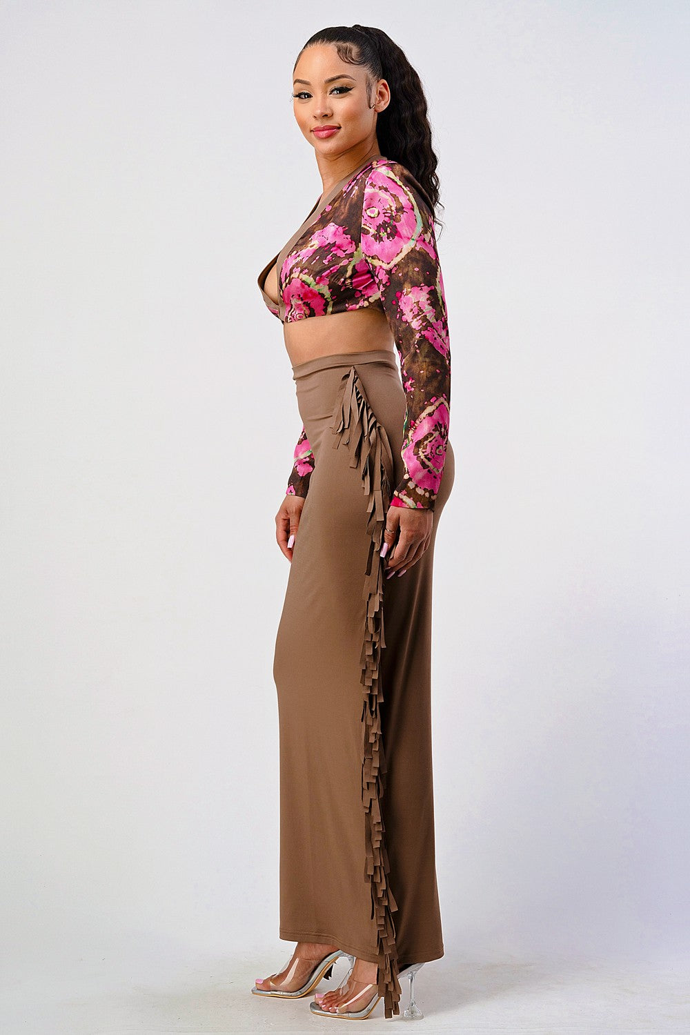 SALE Athina floral print crop top and tassel skirt set