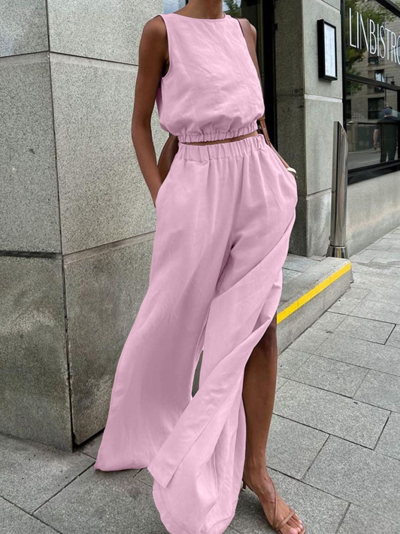 Sleeveless Crop Top and Slit Pants Set