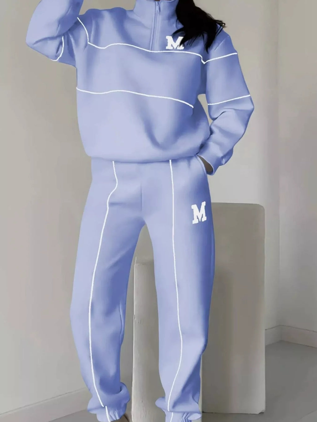 Full Size Striped Quarter Zip Top and Pants Set Plus Size