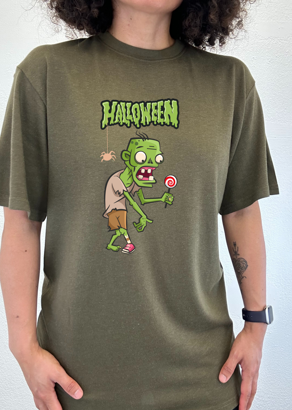Spun Bamboo Halloween Green Monster Unisex Bamboo Viscose/Organic Cotton Short Sleeve Graphic T-Shirt — in-use photo